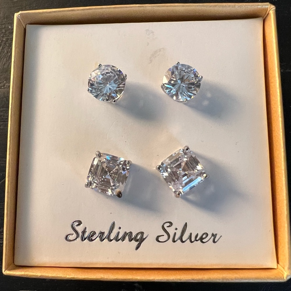 2 Piece Cubic Zirconia Sterling Silver Earrings in box